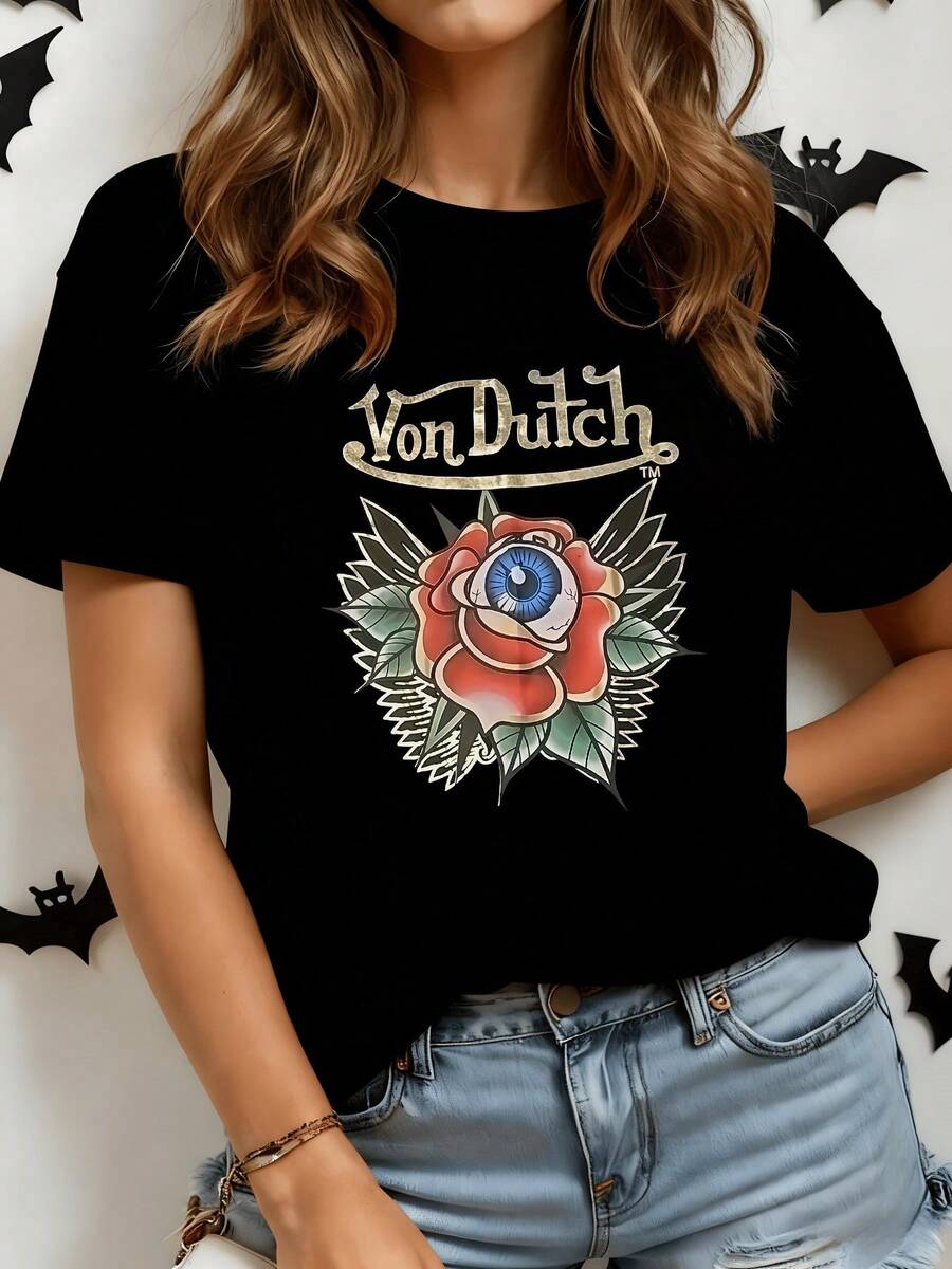 Red Rose With A Blue Eye In The Center Symbolizing Inner Vision, Mysterious Energy, And Connection With Nature. Women's Casual, Modern, Comfortable T-Shirt For Everyday Wear. - Black - View 1