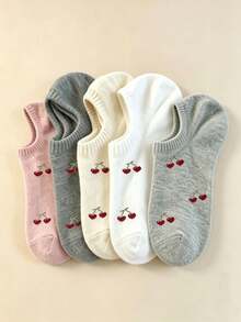 1/5/10 Pairs Women Heart & Cherry Solid Color Ankle Socks, Sweet Breathable Comfortable Invisible Socks, Suitable For Daily Wear, Sports, Home, All Seasons - Multicolor - View 4