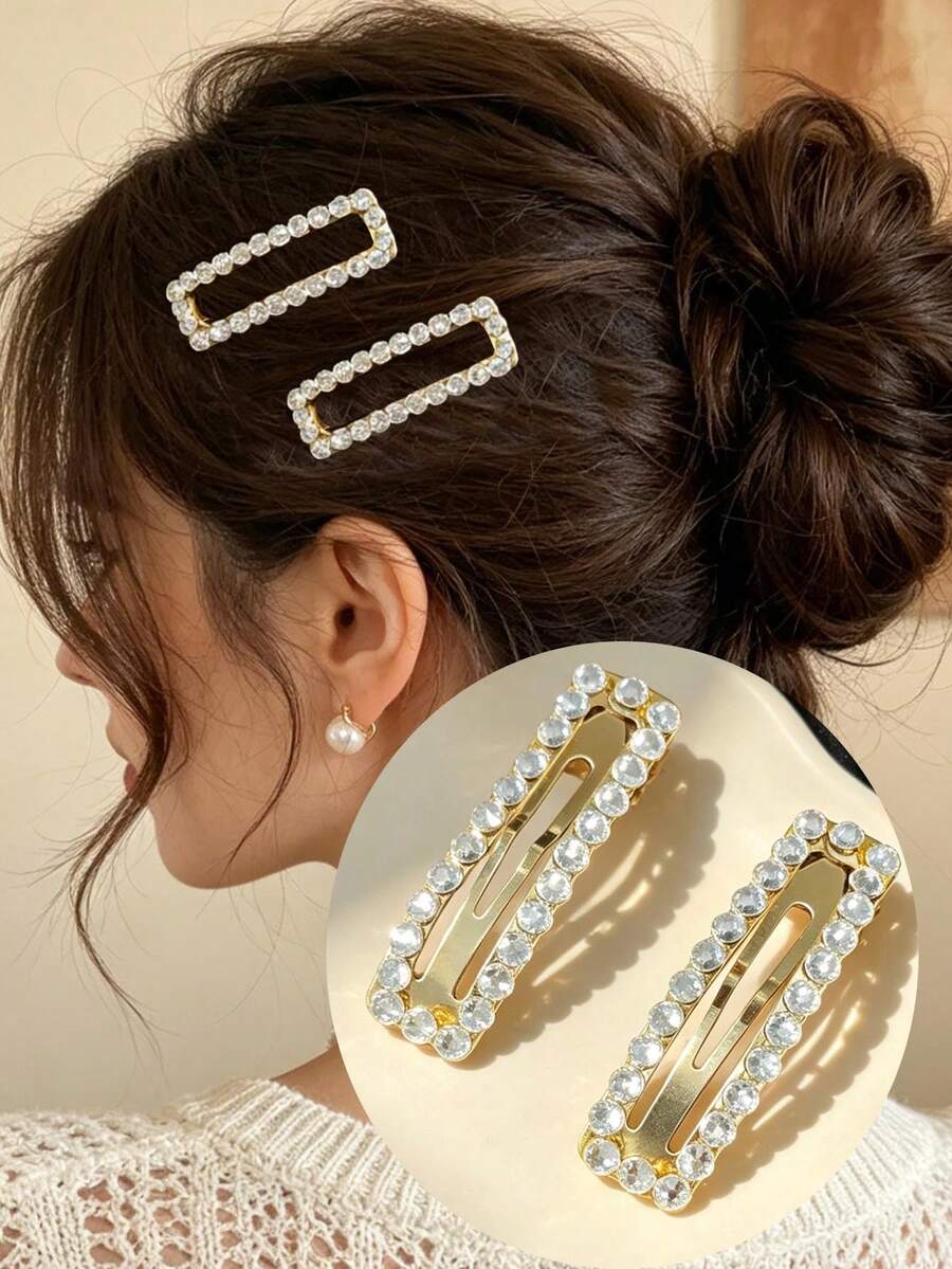 2pcs Women Square Crystal Hair Clips, Elegant Bangs & Side Hair Clips, Barrettes For Hairstyle,Hair Slide,Claw Clips - Multicolor - View 1