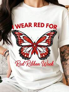 I'm Going Red For Red Ribbon Week, Butterfly Design T-Shirt For Awareness, 100% Pure Cotton, Women's T-Shirt - White - View 7