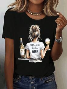 Women's "Only One Who Loves Wine" Graphic T-Shirt - Soft And Stretchy Crew Neck, Wine Glass Design, Relaxed Fit For Summer, Comfortable And Lightweight Clothing, Ideal For Lounge Or Gym, Fun T-Shirt For Wine Lovers, Casual Fashion - 黑色 - 查看 3