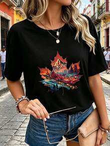 Limited Time Offer, Limited Quantities, Flash ! Women's Casual Shirts, Women's Polyester T-Shirts, Stylish Shirts. Women's Casual V-Neck T-Shirt With Vibrant Maple Leaf And Autumn Mountain Print - Soft And Breathable Short-Sleeve Top For Spring, Summer, And Fall, Machine Washable, Nature-Inspired Design, Comfortable T-Shirt, Seasonal Fashion, Relaxed Fabric, Easy Care T-Shirt, Relaxed Outfit, For Comfort Lovers - 黑色 - 查看 2