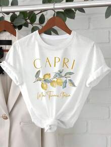 Camiseta Deportiva Casual para Mujer - Camiseta Blanca con Nudo y Gráficos de Limones y Pájaros con Texto Dorado. Elástica y de Cuello Redondo, Lavable aáquina, con Ajuste Cómodo para Todas las Estaciones, Perfecta para Uso Diario y Actividades Informales. - Blanco - Ver 7