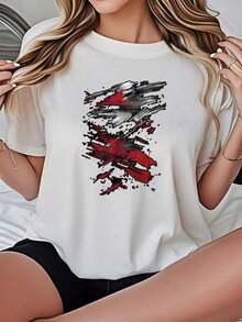 2026 Women's-Shirt Casual Loose Fit Black White Options Abstract Red Brushstroke Print Comfortable Daily Wear Shirts Summer Tops Graphic Tees Summer Outfits Women Graphic Tees Women Crop Tops Tops Women Vintage Cotton Cute Clothes Women Blusas Para Mujer Casual - Blanco - Ver 7