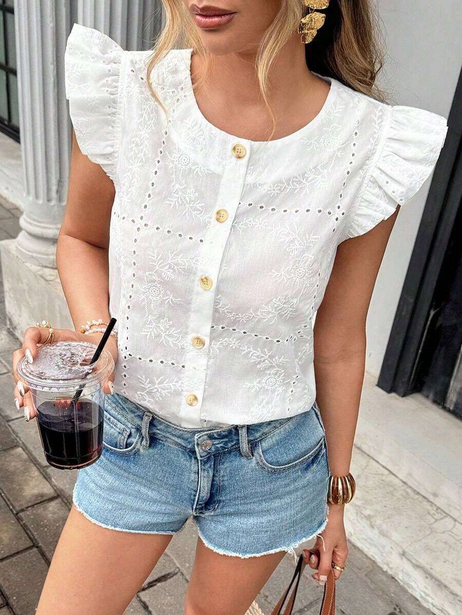 Camisa de mujer con botones y mangas cortas con bordado floral, versátil - Blanco - Ver 1