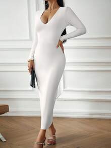 New Women's Autumn Dress, Sexy, V-Neck, Long Sleeve, Fitted Bodycon Cut, Elegant And Flattering Design, Perfect For Dates, Daytime Looks And Casual Occasions - 白色 - 查看 3