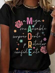 Women's Spanish Mom Printed T-Shirt - Multicolored Floral And Star Design, Women's Blouse, Soft And Stretchy Crew Neck Casual Shirt, Women's Tops, Women's T-Shirt, Ideal For Spring And Summer, Machine Washable. 100% Cotton. Mother's Day Gift For Mom. Pure-Cotton - 黑色 - 查看 7