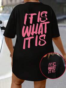 Plus Size Graphic Print T-Shirt |   Pink, Short Sleeve, Crew Neck, Casual Top For Summer & Spring, Women'S Plus Size Clothing - màu đen - Xem 1