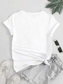 Women's Bohemian Butterfly Heart Design T-Shirt, Fashion Casual Top, Short Sleeve Graphic Tee, Red And White Butterfly Print, Summer Outfit, Easter Outfit, Cotton T-Shirt - 白色 - 查看 3