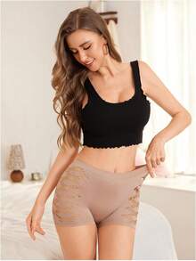 Women's High Waist Solid Black Shorts with Hollow Out Design, Slim Fit Stretchy Cut Out Side Yoga Shorts, Sexy Athleisure Bottoms - Albaricoque - Ver 5