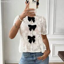 Camisa de manga corta con lazo y diseño de color contrastante para mujeres - Verde - Ver 6