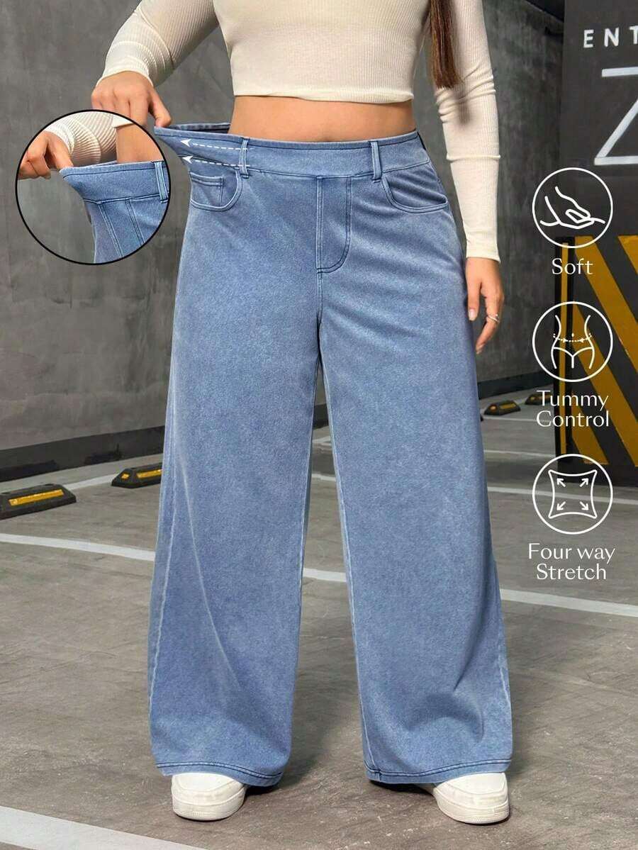 Jeans rectos casuales elásticos de talla grande para mujeres - Lavado ligero - Ver 1
