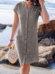 xheSylviya Vestido camisero de verano para mujer, de manga corta, cuello en V y rayas, hasta la rodilla, vestidos de verano para mujer, vacacionesxhe - Blanco y Negro - Ver 5
