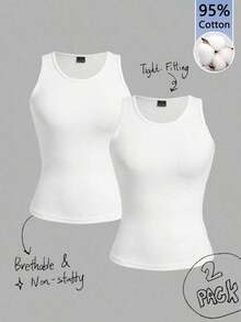 2 piezas de camiseta de tirantes de mujer de ajuste ceñido con estampado minimalista de letras de California en negro y blanco - 95% algodón, para primavera y verano, uso en todas las estaciones, vuelta al colegio, ropa de casa y deporte, estilo re - Blanco - Ver 10