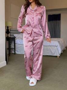 Conjunto de pijama de mujer con rayas y lazo de seda sintética - Burdeos - Ver 2
