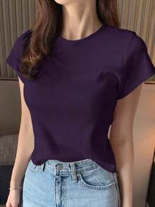 Camiseta de manga corta de mujer de cuello redondo de unicolor básica blanca, para primavera/verano, estilo casual empresarial - Morado Violeta - Ver 7