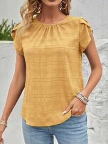 Blusa de manga corta con abertura en la espalda y manga estilo pétalo de unicolor, blusas de manga corta - Amarillo - Ver 3