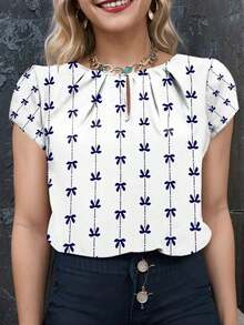 Blusa elegante con estampado de lazo para mujer, verano - Blanco 2 - Ver 1