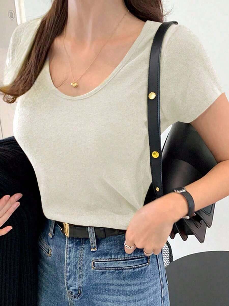 Camiseta básica de mujer de cuello redondo y manga corta, color marrón sólido, parte superior estilo universitario para primavera/verano - Blanco 2 - Ver 1