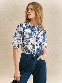 Blusa de mujer de manga corta con estampado floral hueco - Azul y blanco - Ver 5