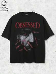 Camiseta de manga corta con estampado gráfico vintage de estilo terrorífico para hombre, top informal de estilo gótico oscuro y punk, de corte holgado. - Negro - Ver 1