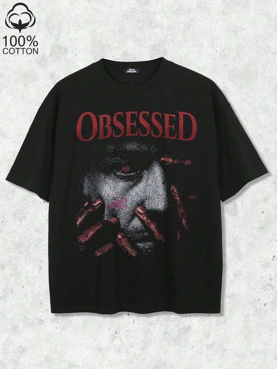 Camiseta de manga corta con estampado gráfico vintage de estilo terrorífico para hombre, top informal de estilo gótico oscuro y punk, de corte holgado. - Negro - Ver 1