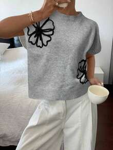 Blusa de punto de unicolor para mujer, simple y de moda, para uso diario.Blusa de punto de color gris sólido con patrón hecho a mano, con bloques de color y ribete negro, con flor 3D, para primavera.Se puede usar fuera, dentro, para uso diari - Gris - Ver 7