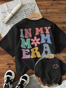 Short-Sleeved T-Shirt With Round Neck [Comfortable][Double-Sided Print] Graffiti Style With Floral And Text Print "In My Mom Era", Sizes S-3XL, Breathable Print, Casual, For Daily Wear, Cotton Clothing For Women. - 黑色 - 查看 6