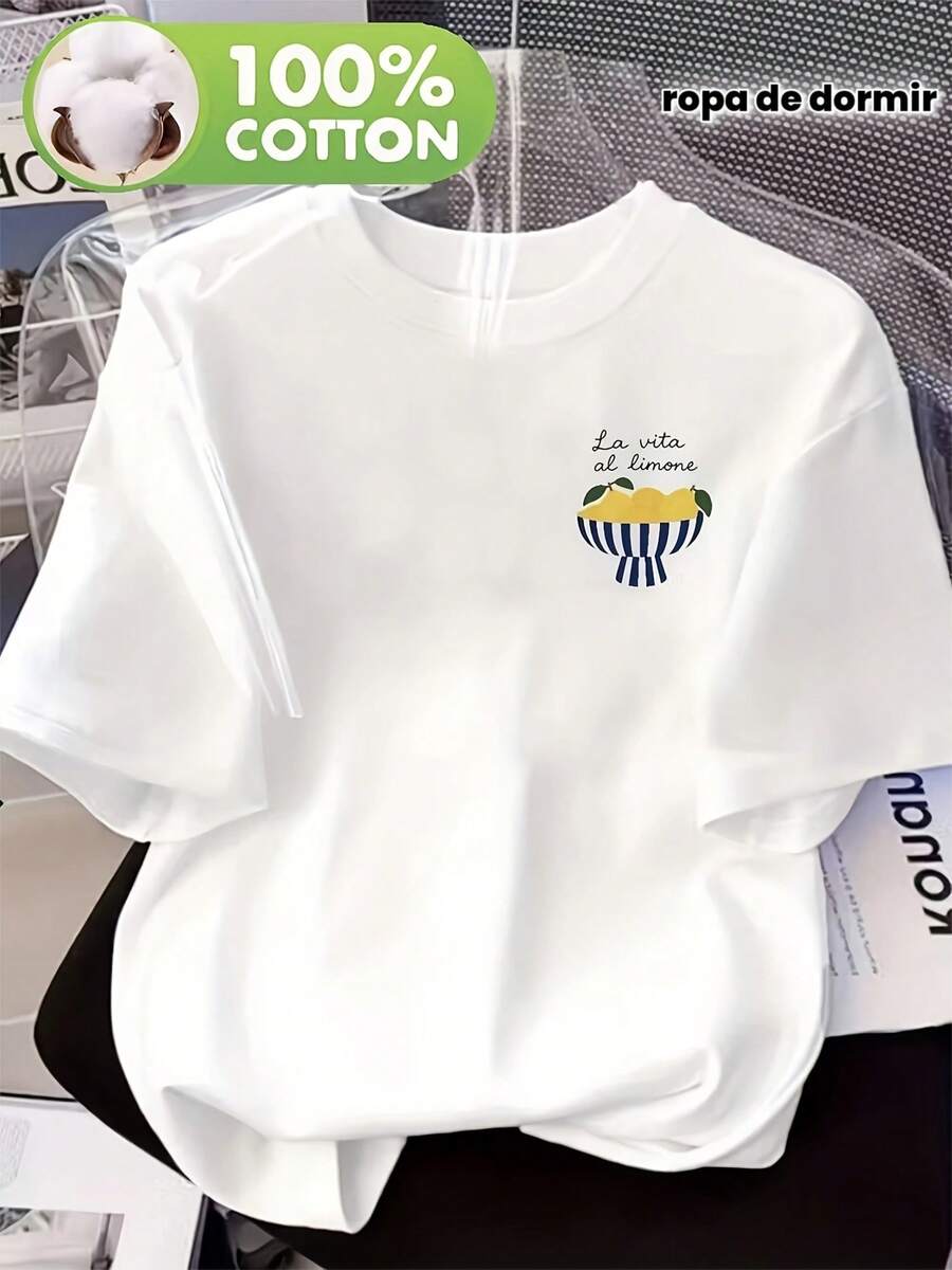 Women's 100% Cotton Short Sleeve T-Shirt With Lemon Print; Fashionable Short Sleeve Crew Neck T-Shirt For Women; Casual Short Sleeve Top For Women; Breathable And Sweat-Wicking, Suitable For All Seasons; Comfortable Sleepwear For Women - [白色的] - 查看 1