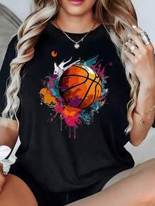 Balón de baloncesto envuelto en explosión de colores vibrantes que simboliza energía pasión y movimiento camiseta para mujer 100% algodón cómoda y moderna GQ9B - Negro - Ver 9