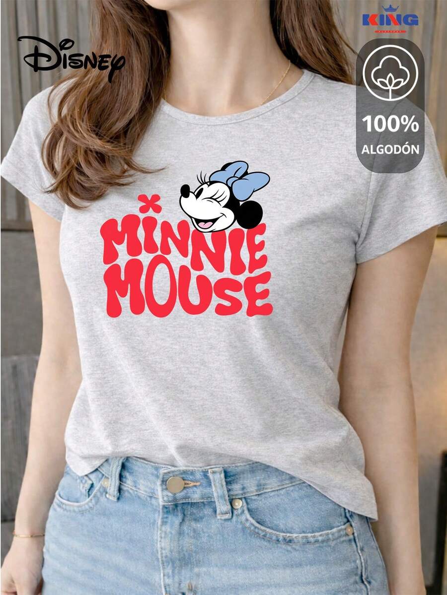 Women's T-Shirt Made Of 100% High-Quality Cotton, This T-Shirt Guarantees Exceptional Softness To The Touch, Round Neck With "Disney Minnie Mouse Retro Smile" Print And Short Sleeves - 淺灰色 - 查看 1