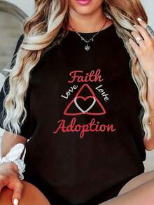 Ropa de talla grande para mujer, camiseta de concientización sobre la adopción para mujeres de talla grande - Camiseta con estampado negro y rojo que simboliza la fe y el amor, adecuada para madres de nacimiento, personas adoptadas y para uso familiar diario - Camiseta casual lavable a máquina, ropa de apoyo, diseño duradero, estilo de cuello redondo, materiales de alta calidad, ropa para personas que adoptan. - Negro - Ver 5