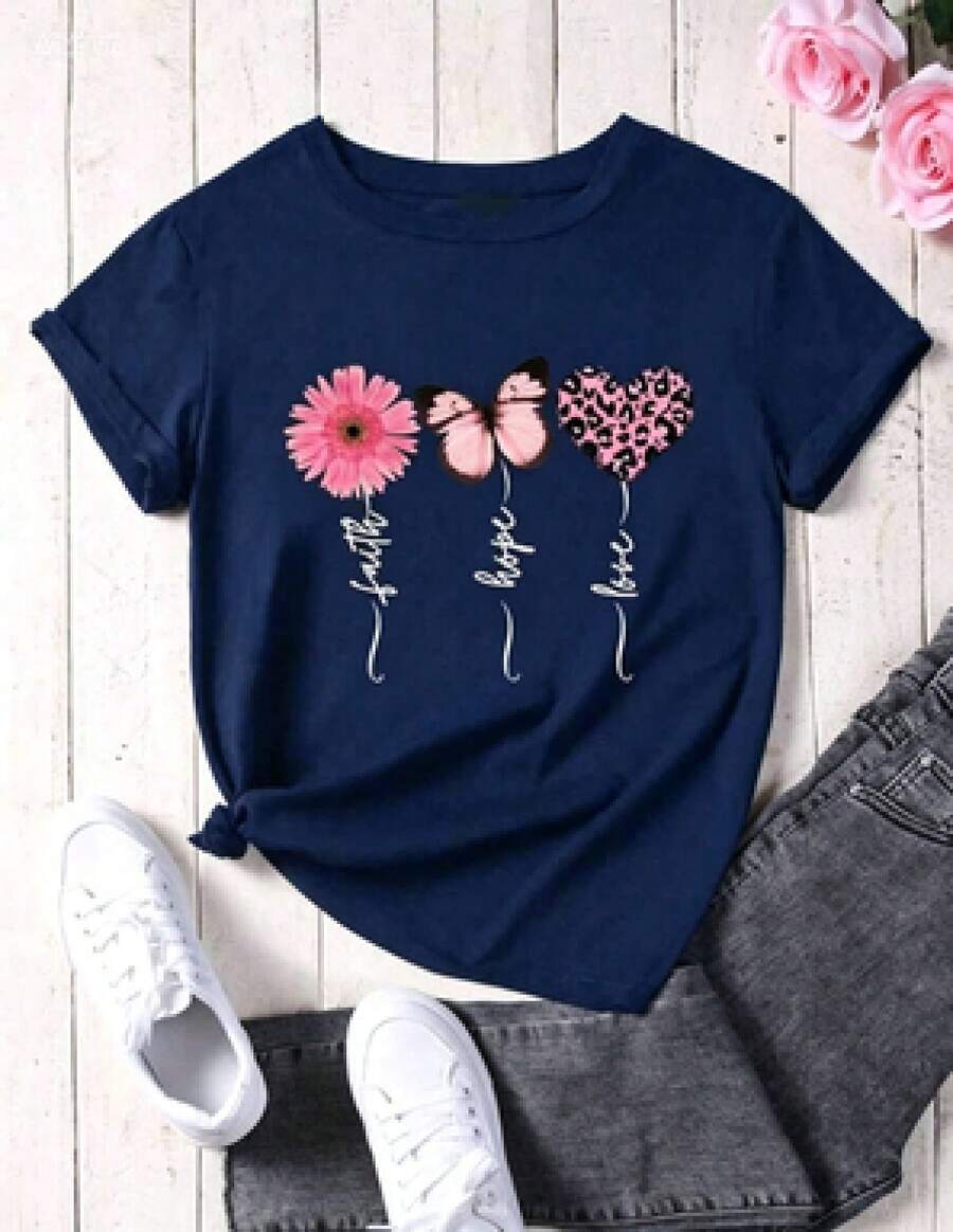 This Casual T-Shirt Features A Simple Print, A Round Neck, And Short Sleeves. The Classic, Basic Design Is Universally Flattering, And The Loose, Relaxed Fit Feels Comfortable And Breathable. The Fine, Soft Texture Is Soft Against The Skin And Breathable, So It Won't Pill Or Lose Its Shape Over Time. The Subtle, Elegant Print Design Is A Must-Have For Summer. This Versatile Piece Pairs Perfectly With All Kinds Of Bottoms-You Can't Go Wrong. - 藏蓝色 - 查看 1