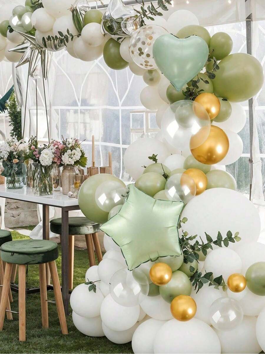 1 Set Soft Green And Beige Solid Color Latex Balloons, Minimalist Style Baby Shower Decor - Multicolor - View 1