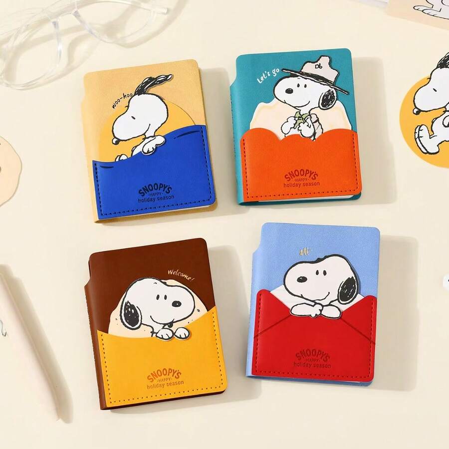 SNOOPY 花生漫画史努比口袋笔记本，小型旅行日记本，带卡槽，可爱PU皮革封面，适合上学和日常使用 - 彩色 - 查看 1