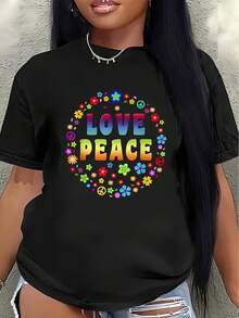Short-Sleeved T-Shirt With A Love And Peace Design, Adorned With Bright Floral Motifs. It's Lightweight And Comfortable, Suitable For Casual Outings, Whether At Home Or In A Cafe. Women's Blouses > Clothing - 黑色 - 查看 1