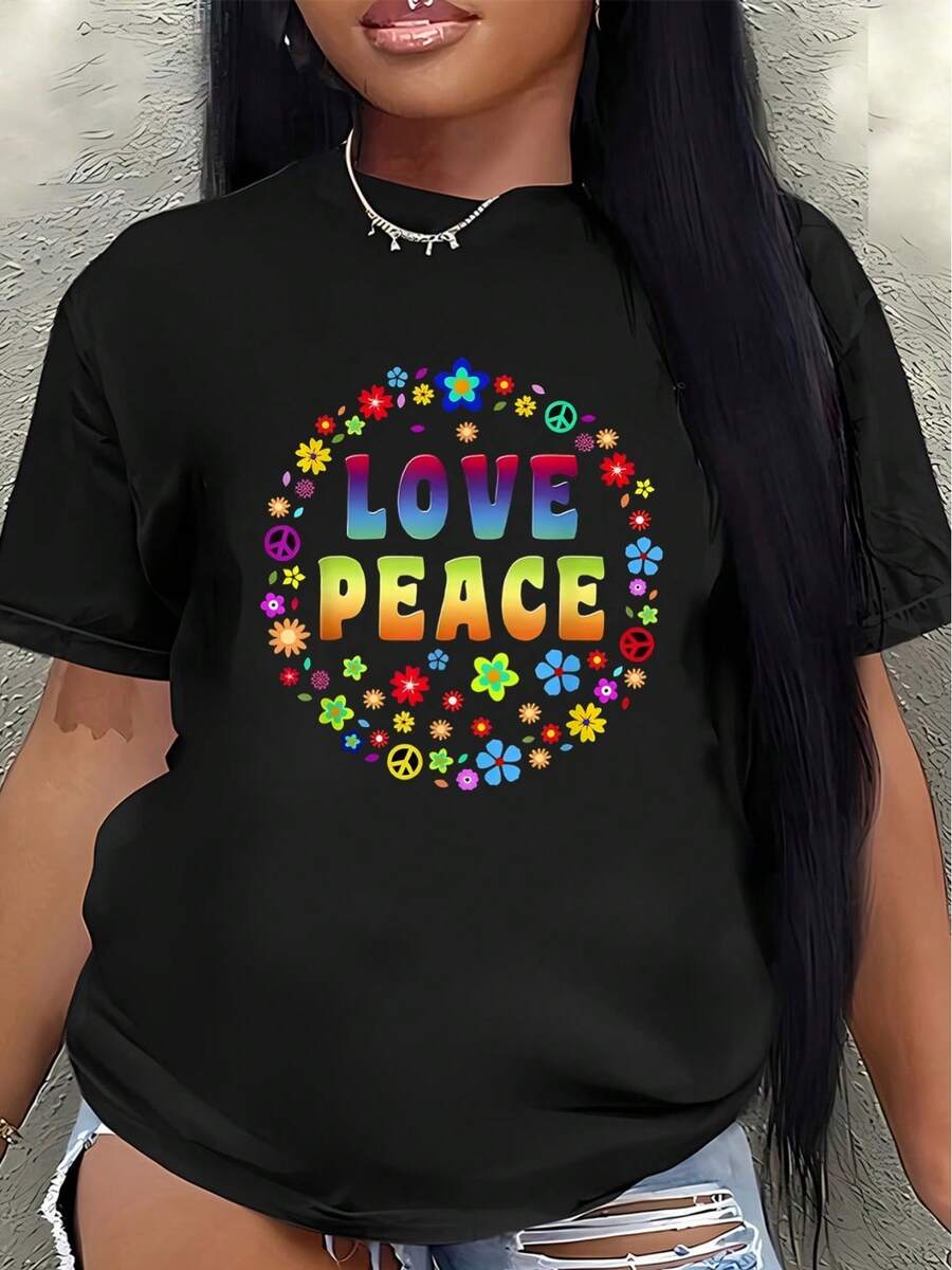 Short-Sleeved T-Shirt With A Love And Peace Design, Adorned With Bright Floral Motifs. It's Lightweight And Comfortable, Suitable For Casual Outings, Whether At Home Or In A Cafe. Women's Blouses > Clothing - 黑色 - 查看 1