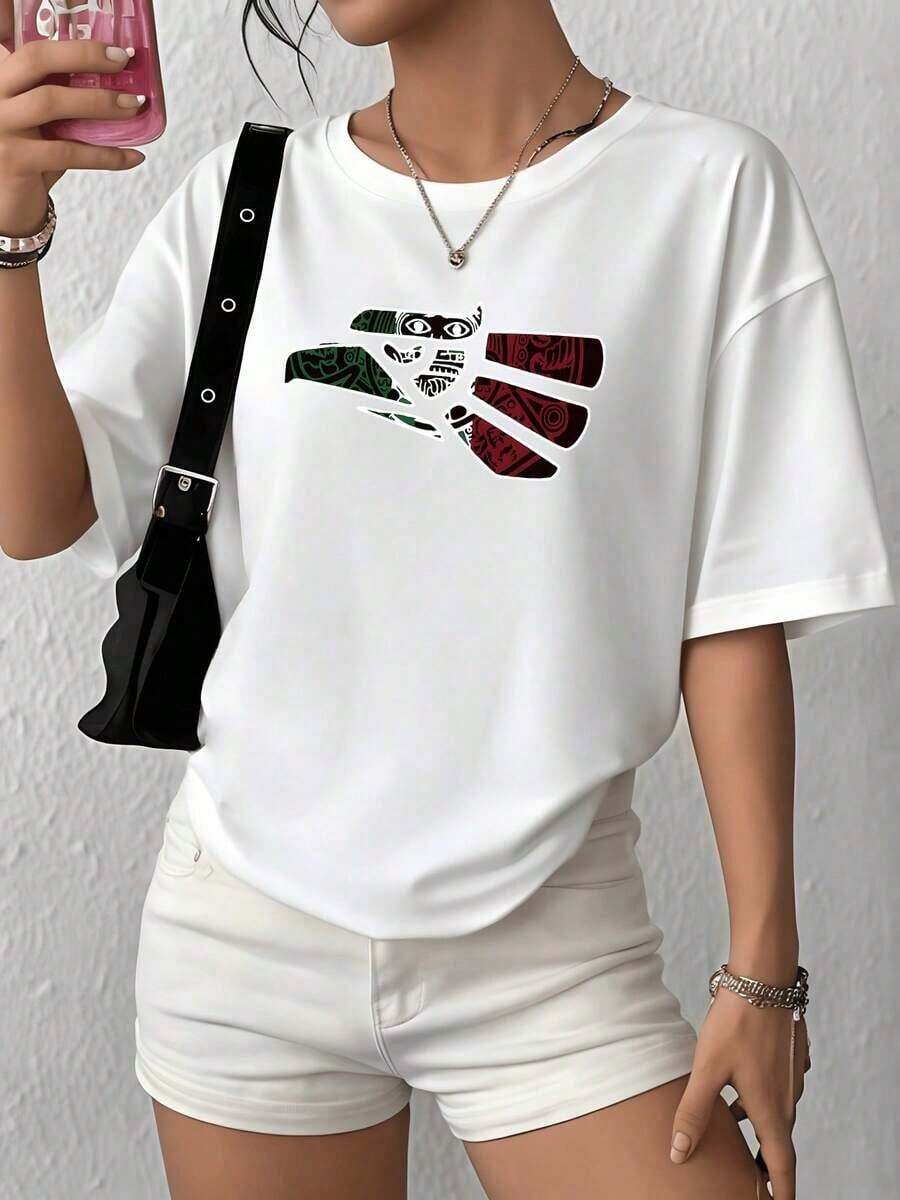 100% Cotton. Central Figure Of A Mask With Symbols In Patriotic Colors Representing Strength, Tradition, And National Pride In Every Detail. Women's 100% Cotton Soft And Durable T-Shirt, Perfect For Showing Off Your Attitude. Women's Simple Solid Color T-Shirt, Loose And Slim Fit Casual Short Sleeve - 白色的 - 查看 1