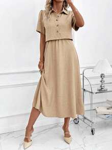Clasi Conjunto de 2 piezas de camisa efecto denim y vestido de tirantes elegante para mujer, adecuado para ir a trabajar y múltiples ocasiones, atuendos de vacaciones de primavera, verano y playa.Conjunto de falda y blusa, conjunto de dos piezas de denim azul para Pascua. - Caqui - Ver 4