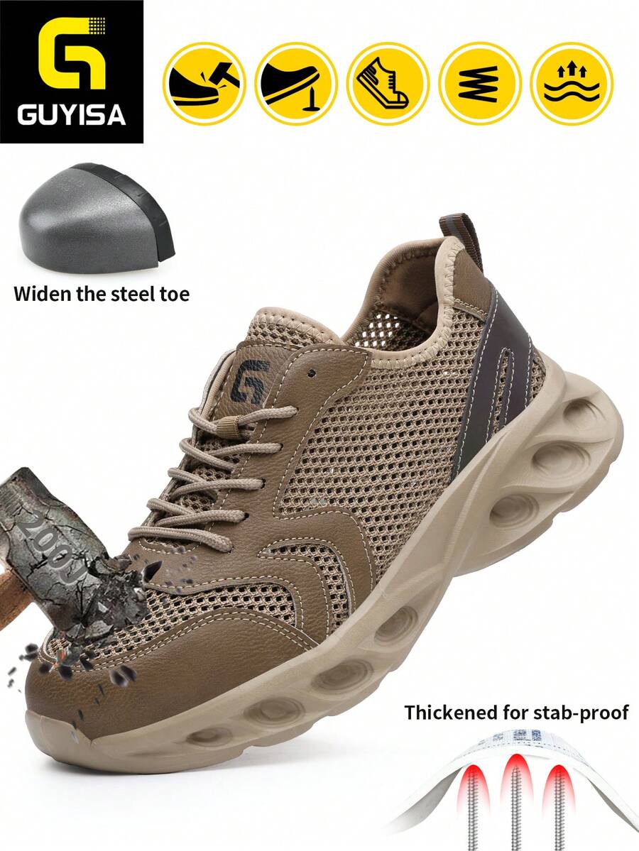 GUYISA 男士专业防砸防刺安全鞋,休闲系列轻便透气橡胶鞋底舒适时尚夏季鞋 - 棕色 - 查看 1