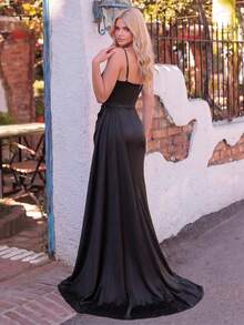 Alisa&Leo Elegant Satin Prom Dress - Spaghetti Strap Design, Waist Mesh Decor And High Slit Mermaid Hem - Suitable For Attending Balls, Galas, Weddings And Other Formal Occasions - Black - View 2