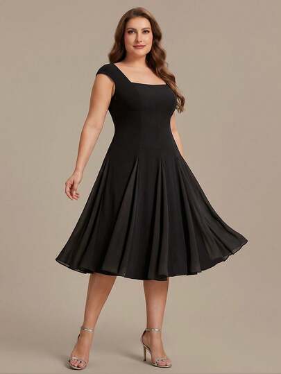 EVERPRETTY Plus Size Women Elegant Formal Party Dress, Sleeveless Square Neck Midi Flare Hem Dress
