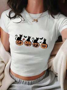 Camiseta de Mujer, Top Corto Retro Rosa Brillante con Estampado de Gato Negro y Calabaza de Halloween - Camiseta de Manga Corta para Fiestas de Halloween, Atuendos Casuales de Verano y Otoño, Diseño Corto que Deja el Vientre Descubierto, Lavable a Máquina, Diseño Lindo de Bruja y Murciélago, Ropa para Todas las Temporadas y Estilo Casual, Estampado Divertido de Gato Negro y Calabaza de Halloween, Atuendo Festivo y Casual, Ajuste Cómodo y Elegante, Perfecta para Combinar, Atuendo de Temporada, Textura Suave, Tela Ligera, Mujer, Camisetas Gráficas para Amantes de la Moda, Ropa de Verano para Hombre, Blusas Elegantes para Mujer - Blanco - Ver 7