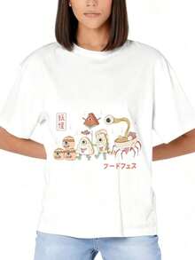 Women's T-Shirt With Kawaii Food Monster Design, Japanese Style, Cartoon Print, Summer Casual Wear, Gift For Food Lovers And Anime Fans | Exquisite Design | Loose And Comfortable | Easy To Match | - 白色 - 查看 2