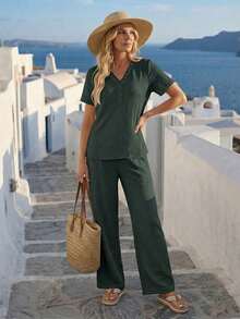 Faunlyn Conjunto de 2 piezas de camisa y pantalones de unicolor casual de vacaciones para mujer - Verde Oscuro - Ver 3