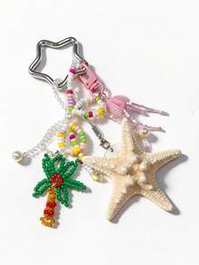1pc Natural Starfish Keychain, Colorful Beaded Bag Charm, Island Style Girly Pendant, Backpack Accessory (Beads Color Random) - Multicolor - View 2