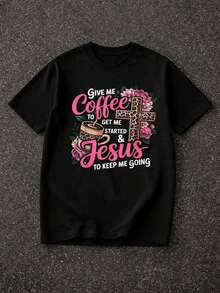 Easter T-Shirt With The Resurrection Of Jesus, 100% Cotton, Vintage Style, Round Neck, Breathable, Comfortable, Festive Clothing Suitable As A Gift. Women's T-Shirt. Blouses>Elegant. Boho Chic, Soft, Breathable And Comfortable Women's Top, Ideal For Spring, Summer And Autumn, Perfect For Holidays, Travel And Everyday Wear. - 黑1 - 查看 1