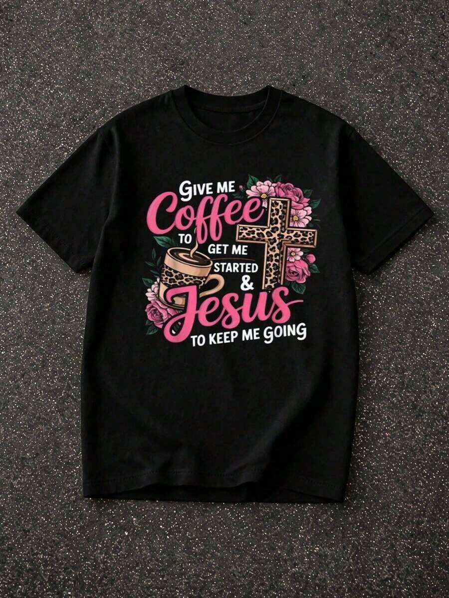 Easter T-Shirt With The Resurrection Of Jesus, 100% Cotton, Vintage Style, Round Neck, Breathable, Comfortable, Festive Clothing Suitable As A Gift. Women's T-Shirt. Blouses>Elegant. Boho Chic, Soft, Breathable And Comfortable Women's Top, Ideal For Spring, Summer And Autumn, Perfect For Holidays, Travel And Everyday Wear. - 黑1 - 查看 1