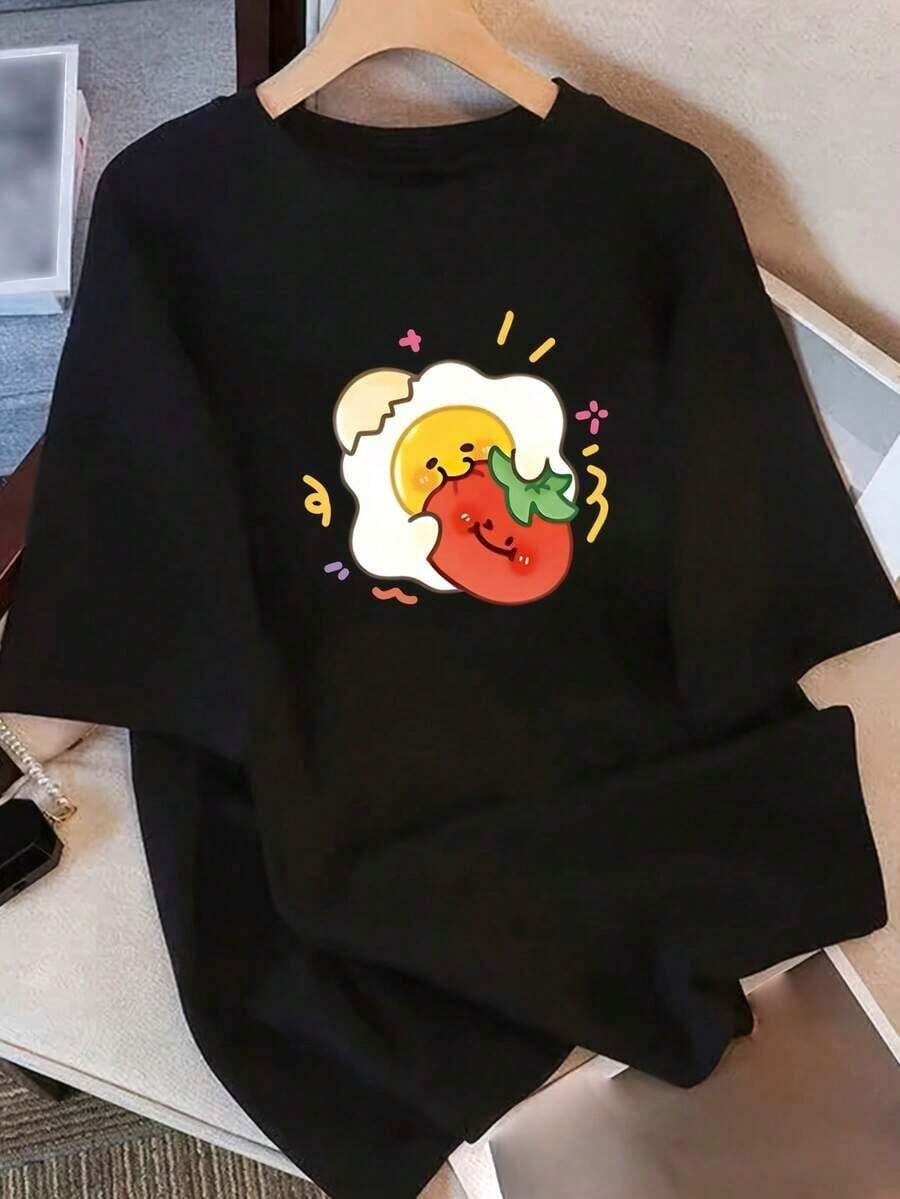 Women's Clothing 2026, Summer, Pure Cotton, Loose Fit, Round Neck, Versatile, Comfortable Women's Clothing, Casual, Youthful T-Shirt, Modern, Dynamic, For Daily Use, Short Sleeve. - 黑色 - 查看 1