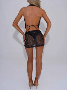 Sequin Sheer Mesh 2 Piece Set  Cowl Neck Halter Crop Top  High Waist Ruched Skirt - Black - View 4